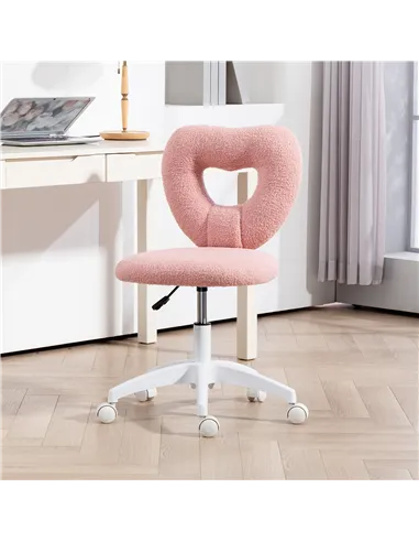 HOMCOM Armless Heart Computer Desk Chair, Teddy Fleece Swivel Office Chair, Makeup Vanity Chair with Height Adjustable, Wheels, 