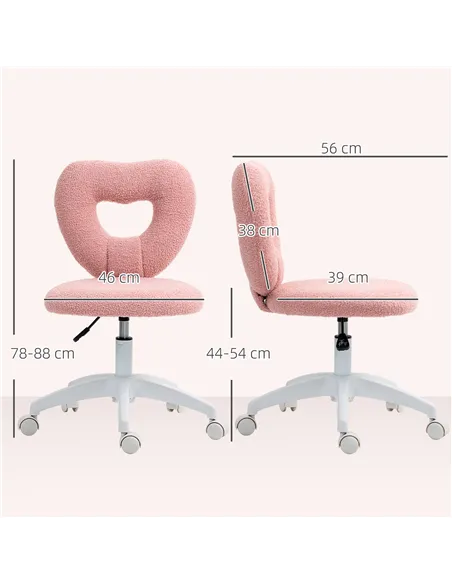 HOMCOM Armless Heart Computer Desk Chair, Teddy Fleece Swivel Office Chair, Makeup Vanity Chair with Height Adjustable, Wheels, 