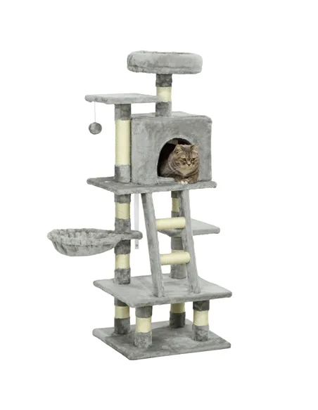 PawHut 132cm Cat Tree with Scratching Post, House, Hammock, Toy Balls - Grey