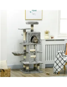 PawHut 132cm Cat Tree with Scratching Post, House, Hammock, Toy Balls - Grey 2