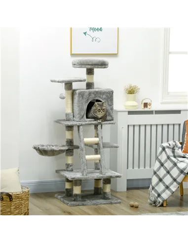 PawHut 132cm Cat Tree with Scratching Post, House, Hammock, Toy Balls - Grey