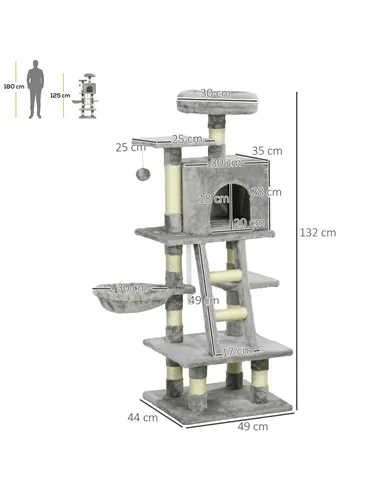 PawHut 132cm Cat Tree with Scratching Post, House, Hammock, Toy Balls - Grey
