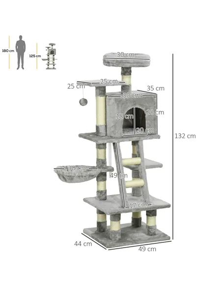 PawHut 132cm Cat Tree with Scratching Post, House, Hammock, Toy Balls - Grey