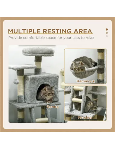 PawHut 132cm Cat Tree with Scratching Post, House, Hammock, Toy Balls - Grey