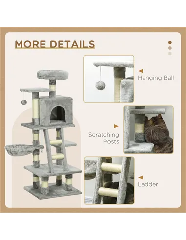 PawHut 132cm Cat Tree with Scratching Post, House, Hammock, Toy Balls - Grey