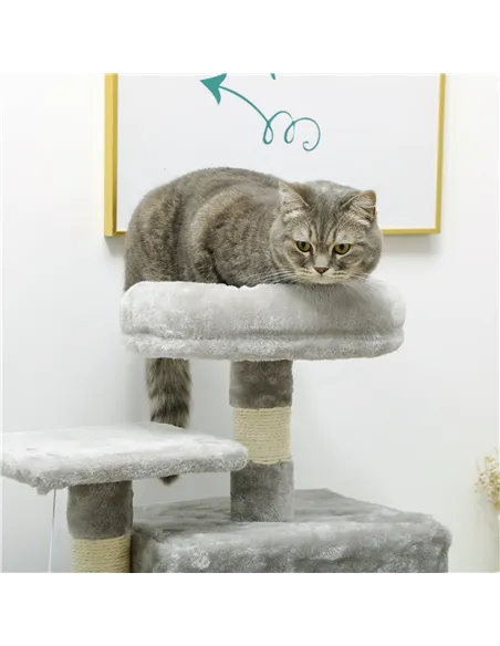 PawHut 132cm Cat Tree with Scratching Post, House, Hammock, Toy Balls - Grey