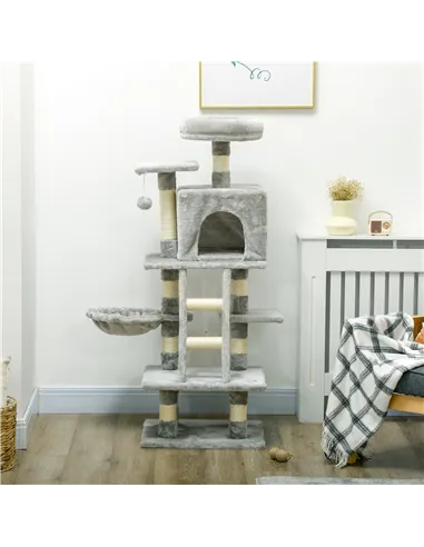 PawHut 132cm Cat Tree with Scratching Post, House, Hammock, Toy Balls - Grey