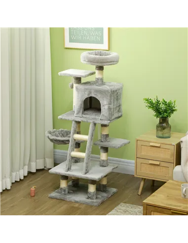 PawHut 132cm Cat Tree with Scratching Post, House, Hammock, Toy Balls - Grey
