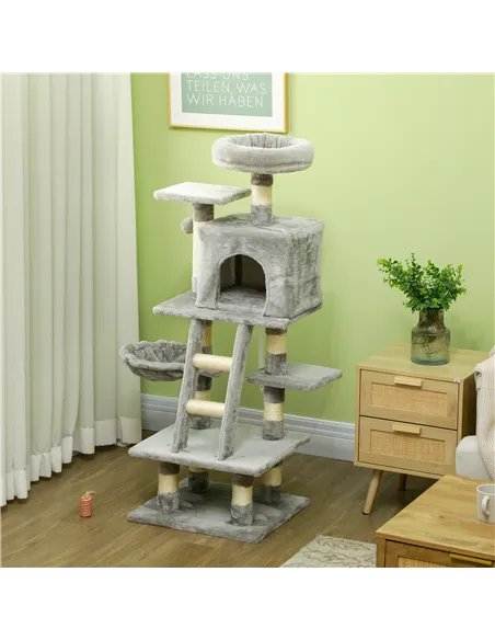 PawHut 132cm Cat Tree with Scratching Post, House, Hammock, Toy Balls - Grey