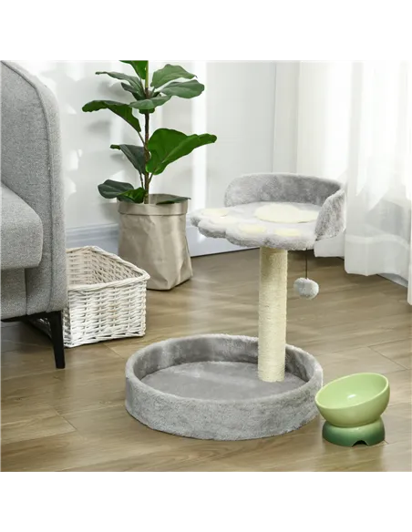 PawHut 44cm Cat Tower, Cat Tree for Indoor Cats, with Sisal Cat Scratching Post, Toy Ball - Light Grey