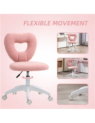 HOMCOM Armless Heart Computer Desk Chair, Teddy Fleece Swivel Office Chair, Makeup Vanity Chair with Height Adjustable, Wheels, 