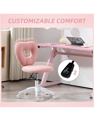 HOMCOM Armless Heart Computer Desk Chair, Teddy Fleece Swivel Office Chair, Makeup Vanity Chair with Height Adjustable, Wheels, 
