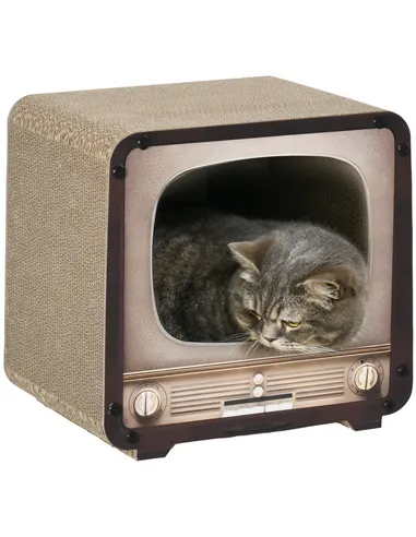 PawHut 2 in 1 TV Shape Cat Scratching Board House with Catnip, for Indoor Cats, Brown