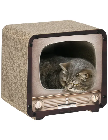 PawHut 2 in 1 TV Shape Cat Scratching Board House with Catnip, for Indoor Cats, Brown