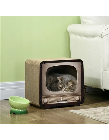 PawHut 2 in 1 TV Shape Cat Scratching Board House with Catnip, for Indoor Cats, Brown