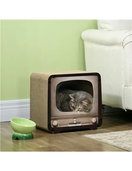 PawHut 2 in 1 TV Shape Cat Scratching Board House with Catnip, for Indoor Cats, Brown