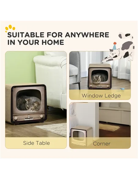PawHut 2 in 1 TV Shape Cat Scratching Board House with Catnip, for Indoor Cats, Brown