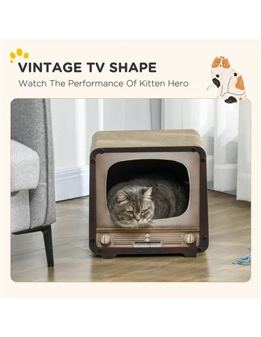 PawHut 2 in 1 TV Shape Cat Scratching Board House with Catnip, for Indoor Cats, Brown
