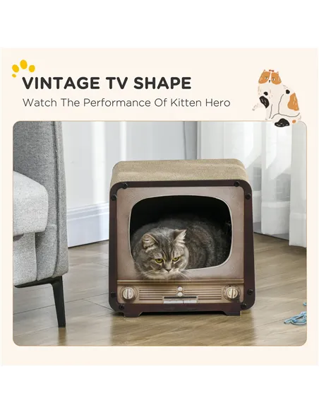 PawHut 2 in 1 TV Shape Cat Scratching Board House with Catnip, for Indoor Cats, Brown