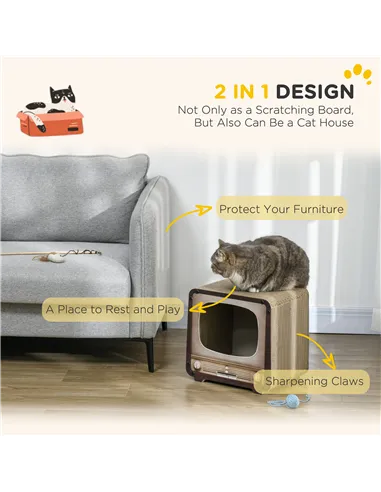 PawHut 2 in 1 TV Shape Cat Scratching Board House with Catnip, for Indoor Cats, Brown