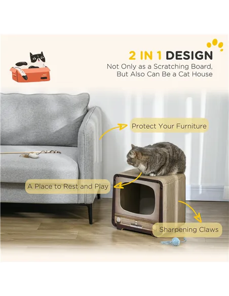 PawHut 2 in 1 TV Shape Cat Scratching Board House with Catnip, for Indoor Cats, Brown