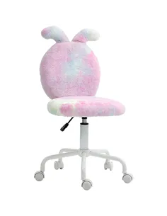 HOMCOM Fuzzy Office Chair with Bunny Ears, Faux Fur Swivel Desk Chair, Armless Makeup Vanity Chair with Adjustable Height for Be