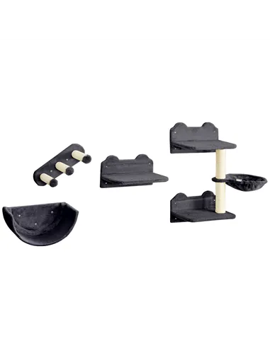 PawHut 4PCs Wall-Mounted Cat Shelves w/ Scratching Post, Hammock, Nest - Dark Grey