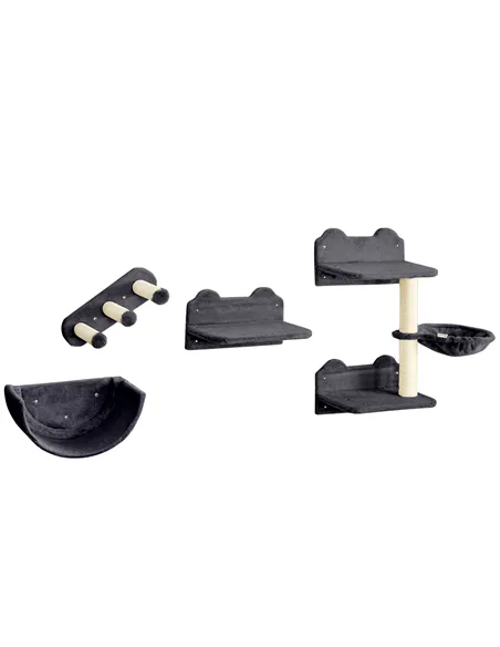 PawHut 4PCs Wall-Mounted Cat Shelves w/ Scratching Post, Hammock, Nest - Dark Grey