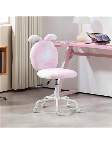 HOMCOM Fuzzy Office Chair with Bunny Ears, Faux Fur Swivel Desk Chair, Armless Makeup Vanity Chair with Adjustable Height for Be