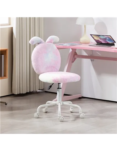 HOMCOM Fuzzy Office Chair with Bunny Ears, Faux Fur Swivel Desk Chair, Armless Makeup Vanity Chair with Adjustable Height for Be