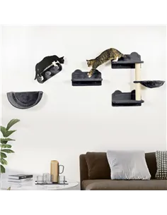 PawHut 4PCs Wall-Mounted Cat Shelves w/ Scratching Post, Hammock, Nest - Dark Grey 2