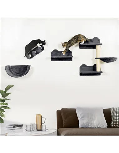 PawHut 4PCs Wall-Mounted Cat Shelves w/ Scratching Post, Hammock, Nest - Dark Grey