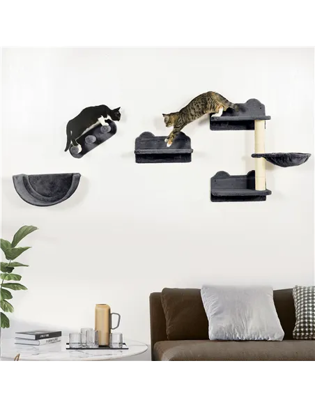 PawHut 4PCs Wall-Mounted Cat Shelves w/ Scratching Post, Hammock, Nest - Dark Grey