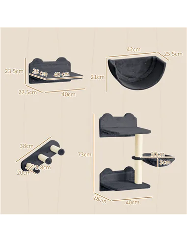 PawHut 4PCs Wall-Mounted Cat Shelves w/ Scratching Post, Hammock, Nest - Dark Grey