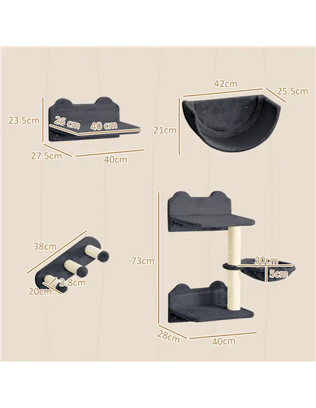 PawHut 4PCs Wall-Mounted Cat Shelves w/ Scratching Post, Hammock, Nest - Dark Grey