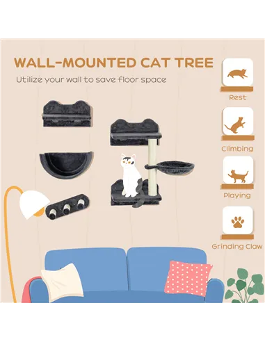PawHut 4PCs Wall-Mounted Cat Shelves w/ Scratching Post, Hammock, Nest - Dark Grey