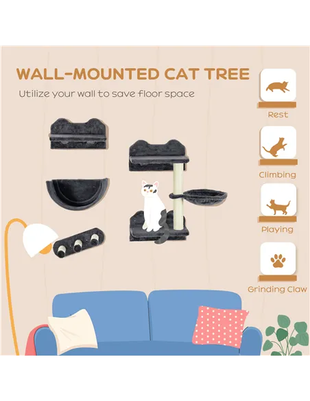 PawHut 4PCs Wall-Mounted Cat Shelves w/ Scratching Post, Hammock, Nest - Dark Grey