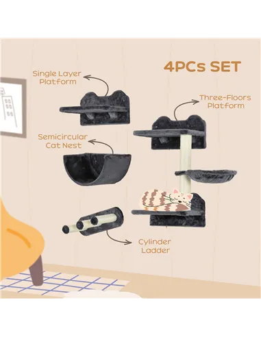 PawHut 4PCs Wall-Mounted Cat Shelves w/ Scratching Post, Hammock, Nest - Dark Grey