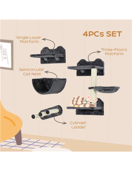 PawHut 4PCs Wall-Mounted Cat Shelves w/ Scratching Post, Hammock, Nest - Dark Grey