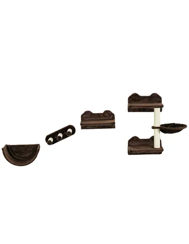 PawHut 4PCs Wall-Mounted Cat Shelves w/ Scratching Post, Hammock, Nest - Brown