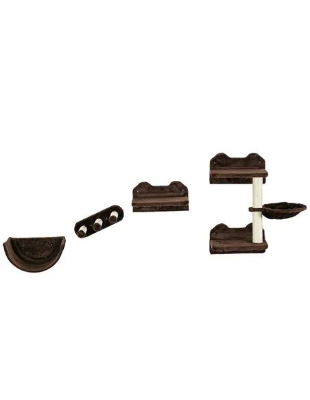 PawHut 4PCs Wall-Mounted Cat Shelves w/ Scratching Post, Hammock, Nest - Brown