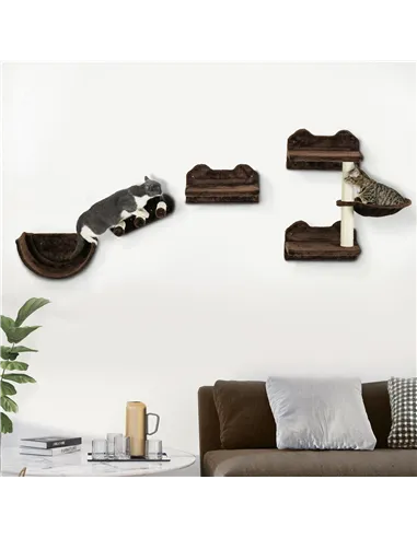 PawHut 4PCs Wall-Mounted Cat Shelves w/ Scratching Post, Hammock, Nest - Brown