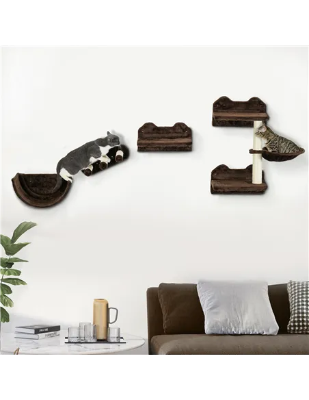 PawHut 4PCs Wall-Mounted Cat Shelves w/ Scratching Post, Hammock, Nest - Brown