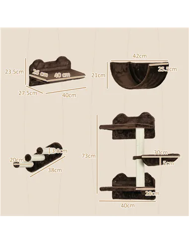 PawHut 4PCs Wall-Mounted Cat Shelves w/ Scratching Post, Hammock, Nest - Brown