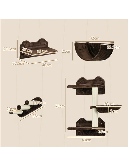 PawHut 4PCs Wall-Mounted Cat Shelves w/ Scratching Post, Hammock, Nest - Brown