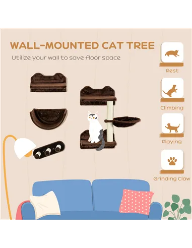 PawHut 4PCs Wall-Mounted Cat Shelves w/ Scratching Post, Hammock, Nest - Brown
