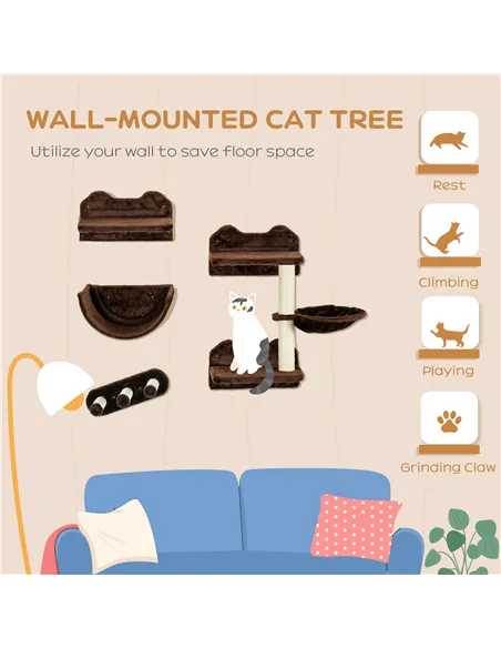 PawHut 4PCs Wall-Mounted Cat Shelves w/ Scratching Post, Hammock, Nest - Brown