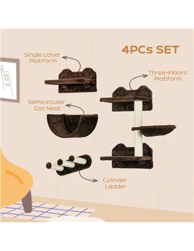 PawHut 4PCs Wall-Mounted Cat Shelves w/ Scratching Post, Hammock, Nest - Brown