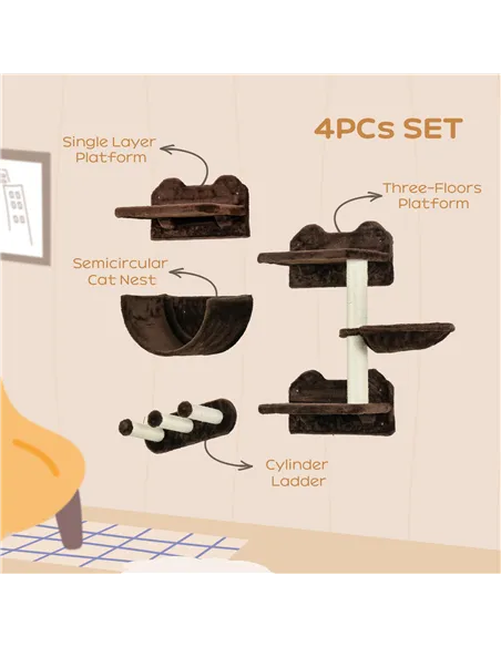 PawHut 4PCs Wall-Mounted Cat Shelves w/ Scratching Post, Hammock, Nest - Brown