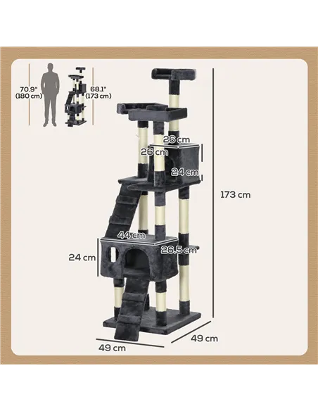 PawHut 173cm Cat Tree Scratching House, Activity Play Centre, Charcoal Grey